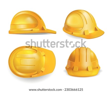 Realistic safety construction helmet composition with isolated images of yellow hard hat with different view angles vector illustration