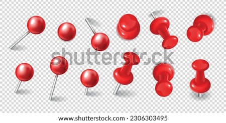 Realistic collection of different red office pushpins at transparent background isolated vector illustration