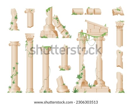 Realistic set of ruined ancient marble columns with climbing green ivy leaves isolated vector illustration