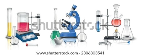 Realistic laboratory set of isolated compositions with various lab equipment scales microscope and test tube stands vector illustration