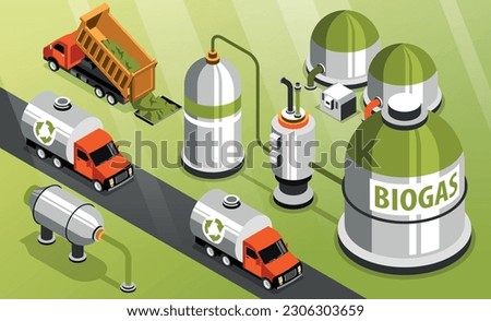 Green energy isometric background advertising biogas production from as sources of biofuel vector illustration