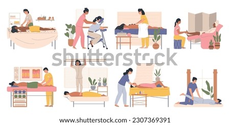 Types of massage set of flat isolated compositions with doodle characters of clients and massage therapists vector illustration