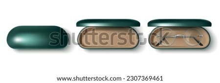 Open and closed shiny green glasses case realistic set top view isolated vector illustration