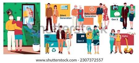 People generations flat composition depicting silent baby boom millennials x z and alpha generation isolated vector illustration