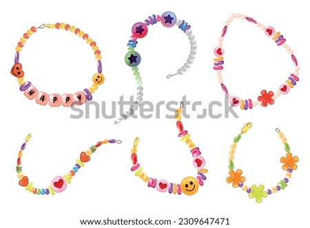 Realistic bracelet set with isolated images of colorful love beads with string snaps on blank background vector illustration