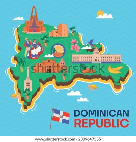 Dominican republic blue background with green island map with landmarks flat cartoon vector illustration