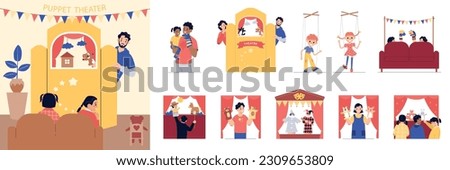 Puppet show theatre set with flat isolated compositions of adult performers moving puppets and children watching vector illustration
