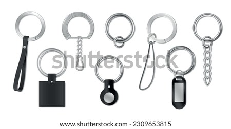 Keychain keyring holder trinket realistic set of isolated images with metal rings and chains for keys vector illustration