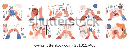Human hands doing various craft activities top view flat set isolated vector illustration
