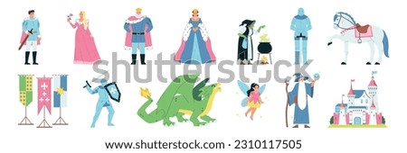 Kingdom icons set with fairy tale symbols flat isolated vector illustration