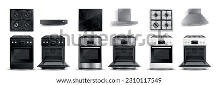Realistic stove cooker hoot set with isolated images of overhead kitchen ranges ovens and gas stove vector illustration