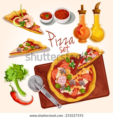 Fresh tasty italian food pizza set with plate ingredients seasoning isolated vector illustration