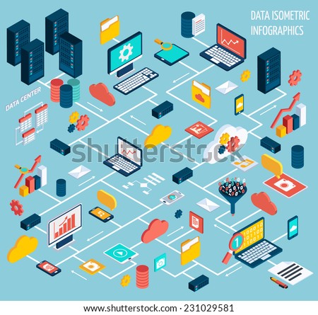 Data infographic isometric set with data center and network elements vector illustration