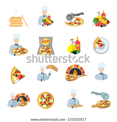Fast food pizza maker perfect service fresh ingredients flat icons set isolated vector illustration