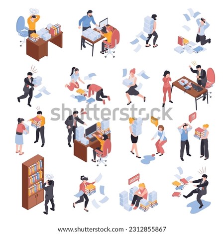 Isometric office chaos unorganized set with isolated icons of workplace problems with characters of angry coworkers vector illustration