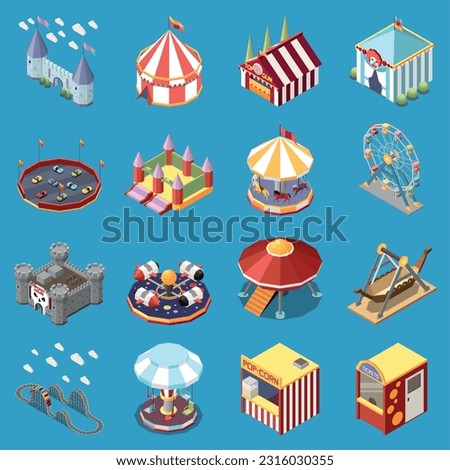 Amusement park isometric set of isolated icons with traveling circus big tops junk food stalls attractions vector illustration