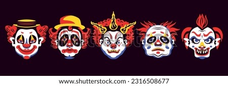Set of isolated clowns faces with scary heads painted noses eyebrows red lips and funny hats vector illustration