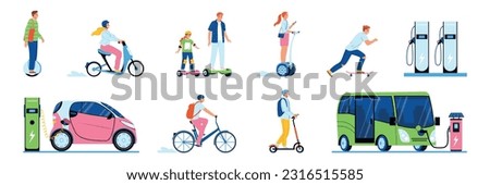 Eco transport flat set with any age people riding on bicycle gyro scooter segway skateboard isolated vector illustration