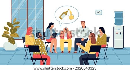 Group therapy in alcoholics anonymous club flat background with psychologist and people sitting in circle vector illustration