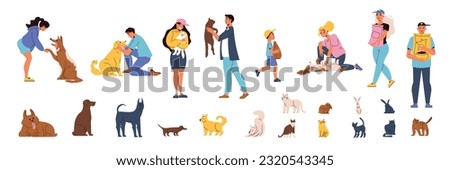 Pet shelter flat set of animals and people hugging them and helping with food isolated vector illustration