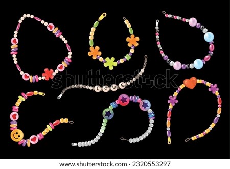 Realistic hippie bracelet set with isolated images of string love beads with snaps on black background vector illustration