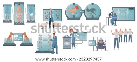 Cloning genetics set with flat isolated compositions of chambers with human embryo sheeps dogs and scientists vector illustration