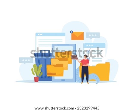 Data recovery concept with folders bin and male character restoring deleted files flat vector illustration
