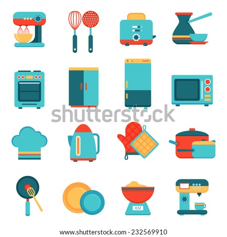 Kitchen appliances icons set with toaster mixer dish frying pan isolated vector illustration