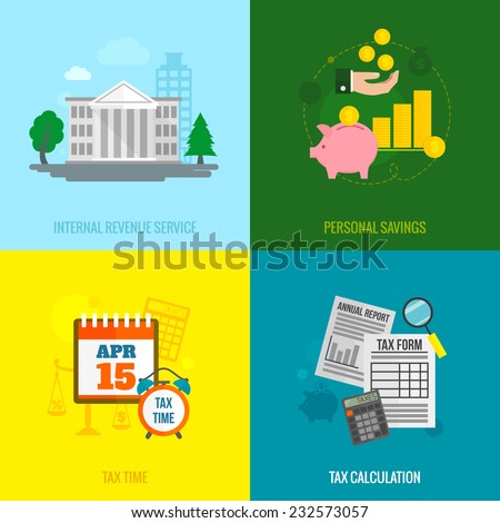 Tax flat icons set with internal revenue service personal savings time calculation isolated vector illustration
