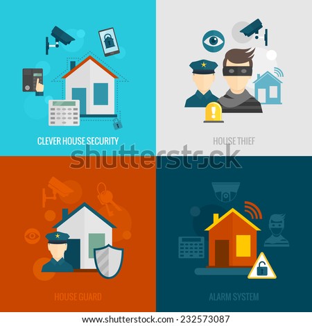 Home security flat icons set with clever house thief guard alarm system isolated vector illustration