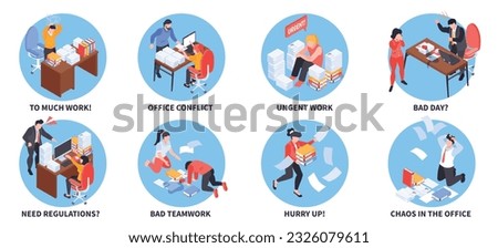 Isometric office chaos set of isolated round compositions with discouraged outworking coworkers missing deadlines and text vector illustration
