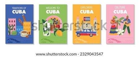 Cuba traditions and culture colorful vertical posters set with cuban cuisine people architecture flat isolated vector illustration