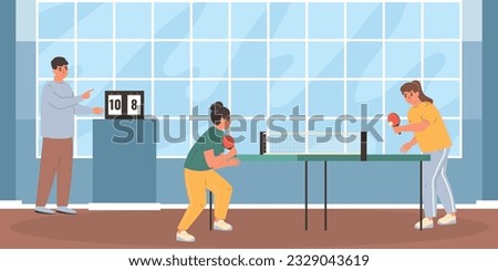 Ping pong flat concept with young women playing table tennis vector illustration