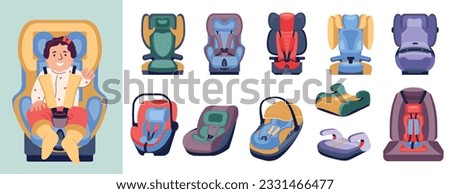 Children car seat set of flat isolated icons with colorful childish safety seats on blank background vector illustration