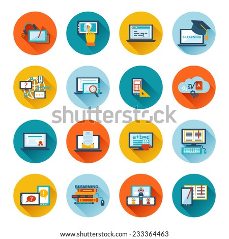 Online education e-learning university webinar student seminar graduation flat icons set vector illustration