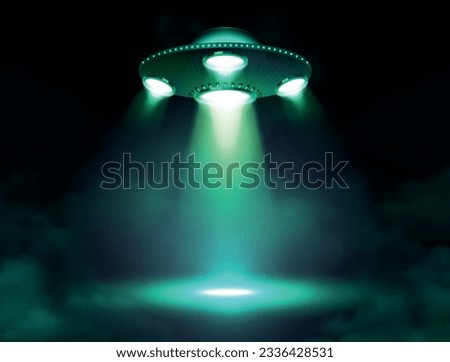 Ufo spacecraft poster with flying saucer projecting ray of light vector illustration