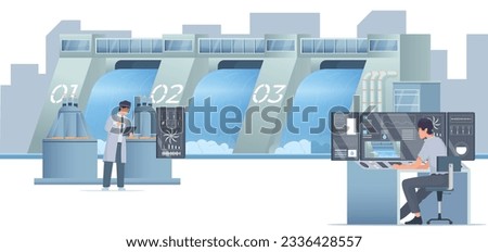 People monitoring work of hydro power station with dam in background flat vector illustration