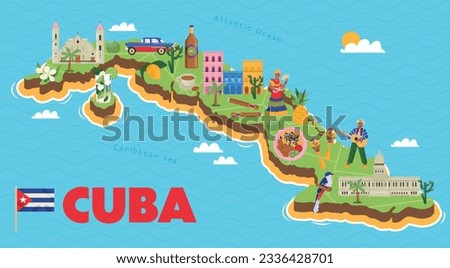 Cuba map with its symbols flat poster on blue caribbean sea and atlantic ocean background vector illustration