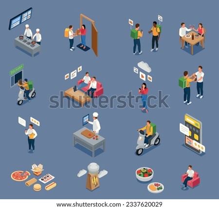 Cloud kitchen isometric icons collection with couriers and people waiting for their orders isolated vector illustration