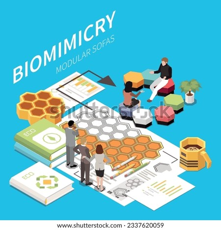 Biomimicry isometric background on eco team demonstrated human development in manufacturing and design imitating elements of wildlife vector illustration