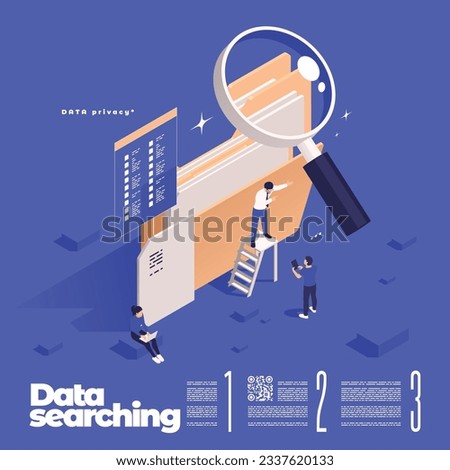 Data management concept icons isometric composition with editable text magnifying glass and documents folder with people vector illustration