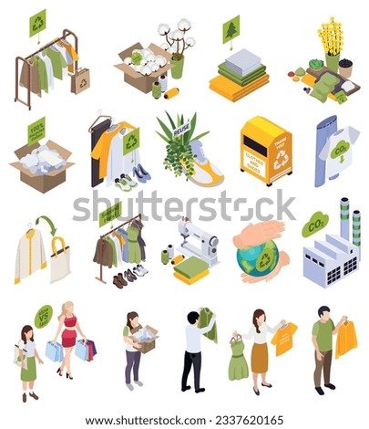 Sustainable clothes slow fashion isometric set with isolated compositions of icons human characters with used goods vector illustration