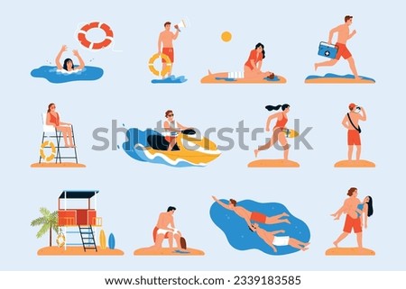 Lifeguards color set with isolated icons and compositions of inflatable rings and human characters of lifesavers vector illustration