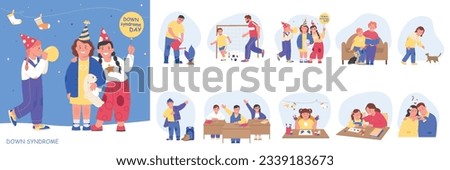 Downs syndrome flat composition set with down day celebrations and variety of skill development fun and education for children and teens vector illustration