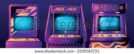 Realistic arcade game machine set with isolated front views of retro gaming machines with various interface vector illustration