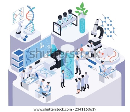 Biotechnology isometric composition with view of laboratory workplace desktop elements with test tubes dna and scientists vector illustration