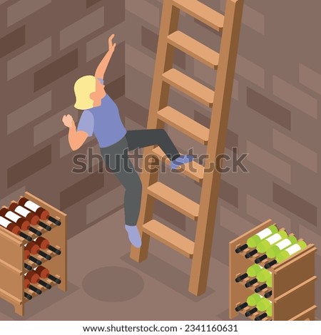 Woman falling off wooden ladder in wine cellar isometric background vector illustration