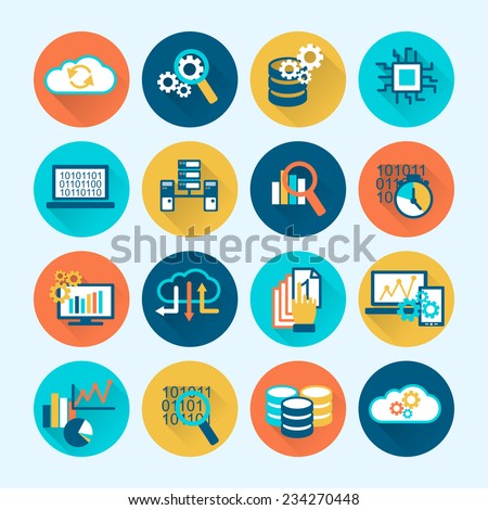 Database analytics digital network computing process icons flat set isolated vector illustration