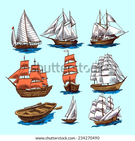 Sailing tall ships yachts and boat colored sketch decorative elements isolated vector illustration