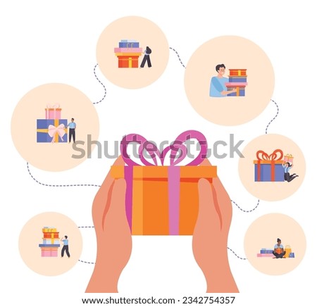 People with boxes flat composition of round icons with gifts and holding hands on blank background vector illustration